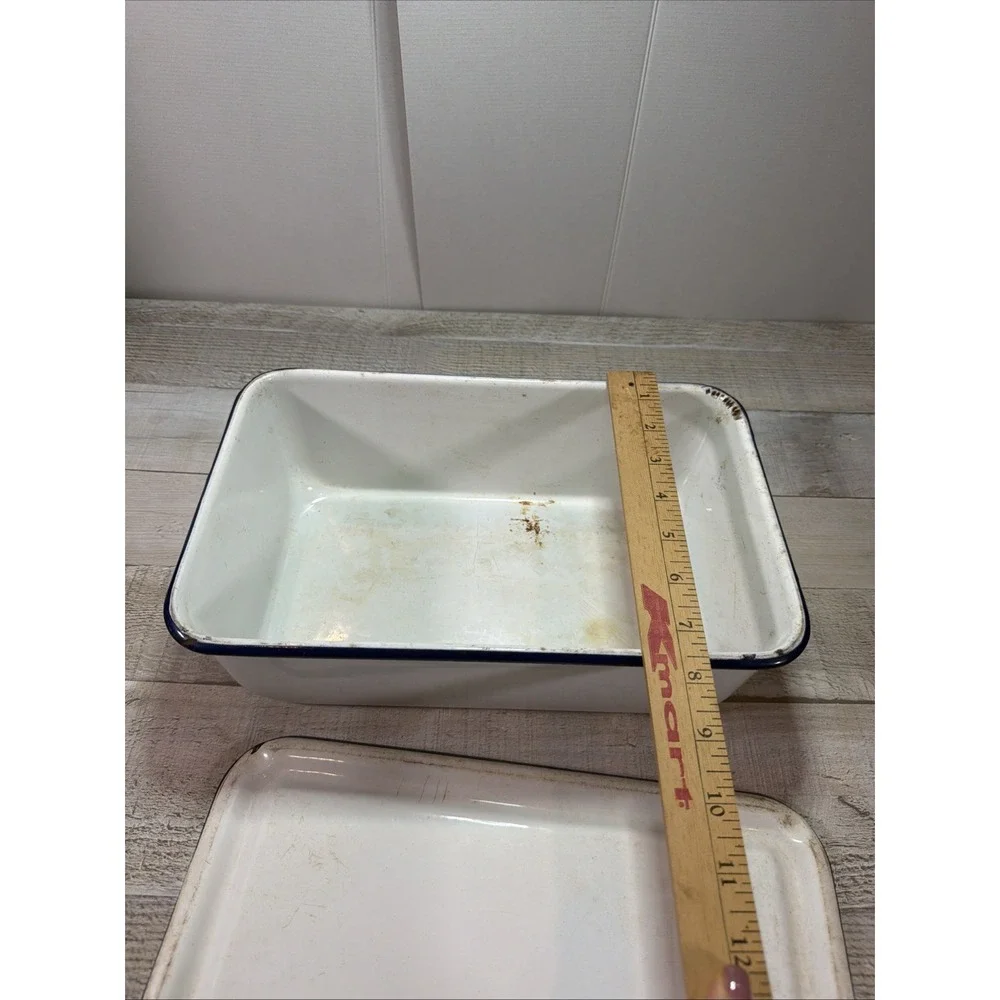 Vintage Enamelware Rectangular Basin Tub Lid White Blue Rim Farmhouse Primitive